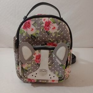Betsy Johnson Floral Polka Dot Puppy Mini Backpack - Gray with Pink Flower